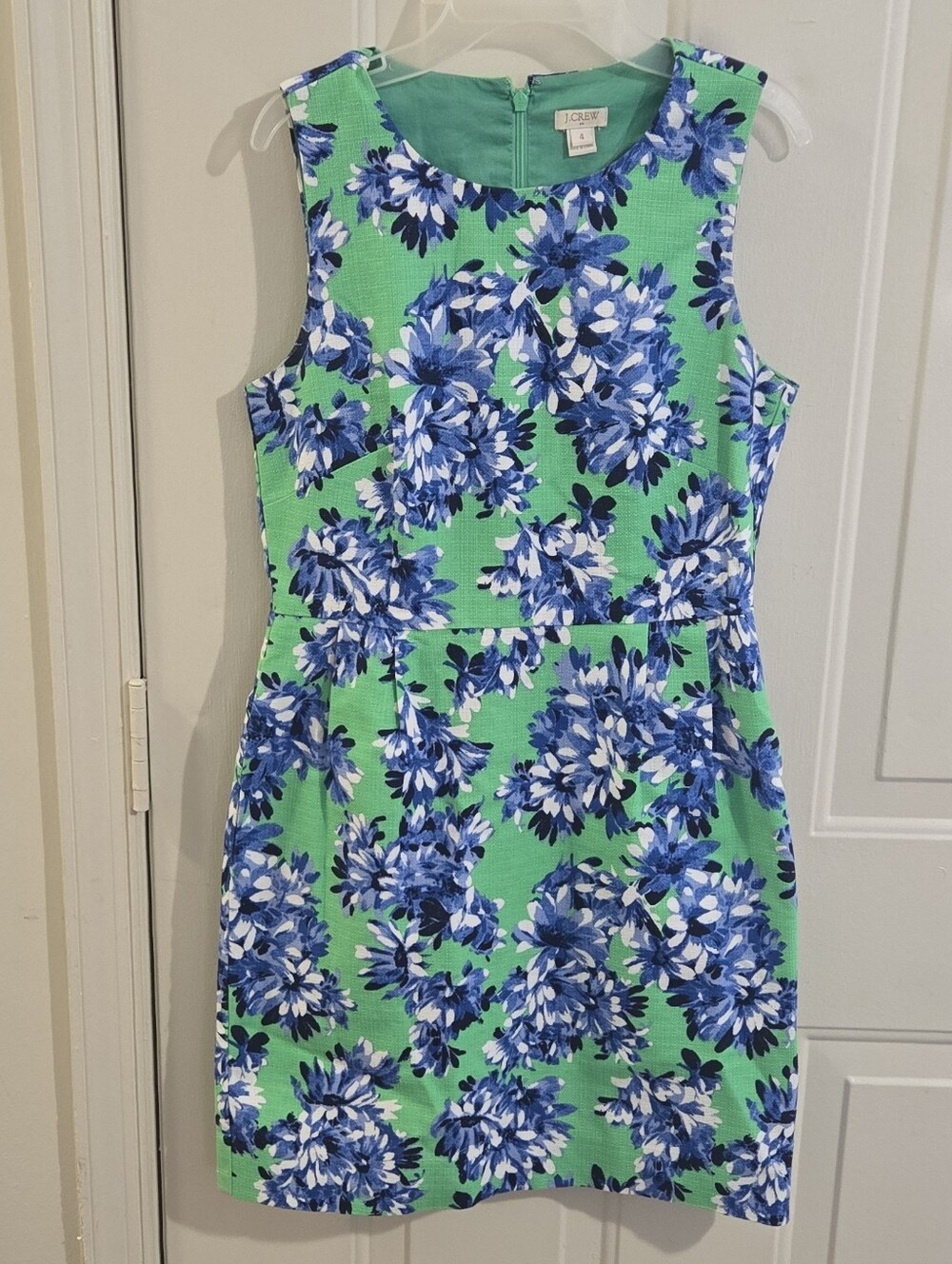 J. Crew Sheath Dress Sleeveless Cotton Lined "Photo Floral" 4 Pockets Blue Green